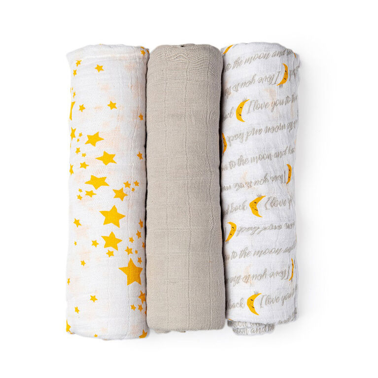 Jesse + Lulu Grey Galaxy Cotton Muslin Swaddle Blanket -Set Of 3