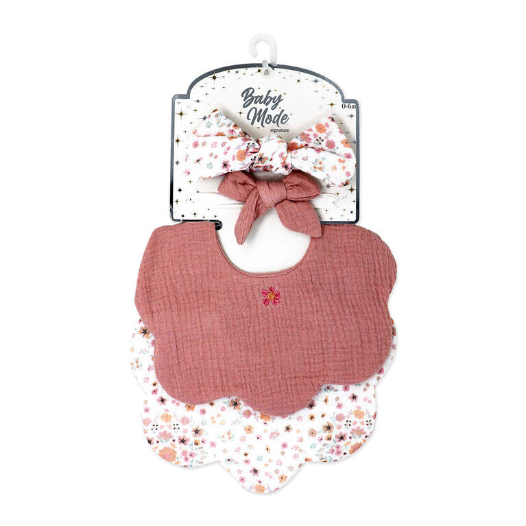 Baby Mode Signature 4 Piece Bib & Headbands: Pink Floral Bouquet Baby Mode Signature 4 Piece Bib & Headbands: Pink Floral Bouquet