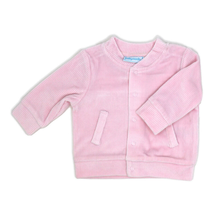 Baby Mode 3 Piece Ribbed Velour Varsity Set: Pink Rainbow Bunny  6M