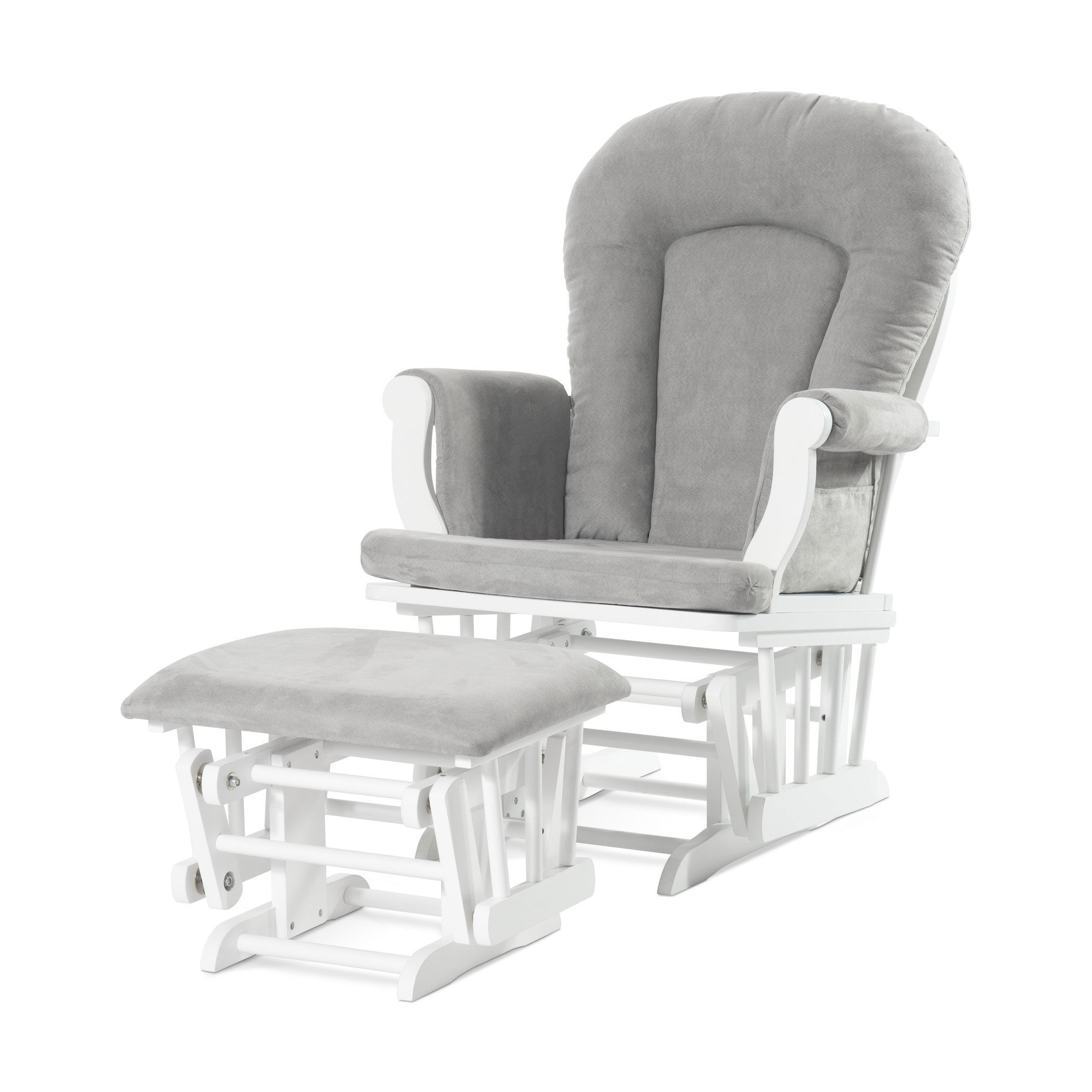 white glider rocker with gray cushions