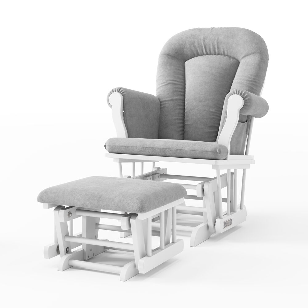 white glider rocker with gray cushions