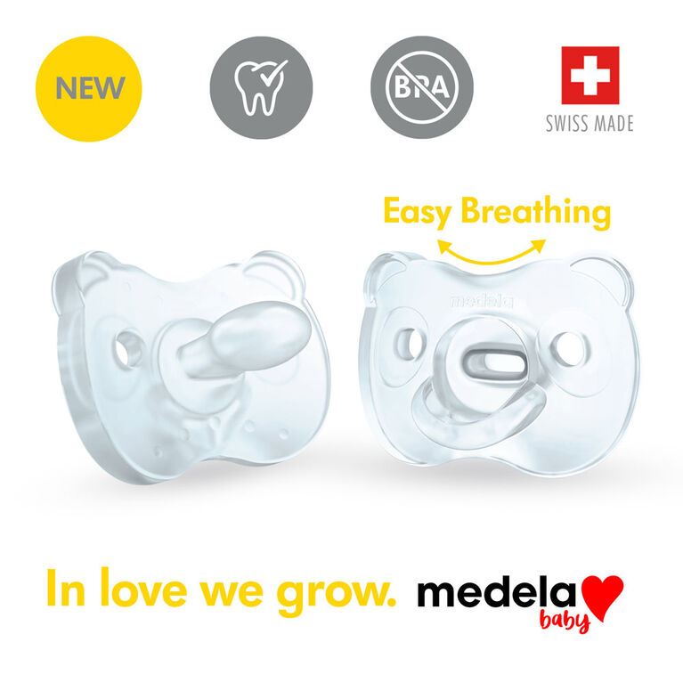La nouvelle Sucette une pièce SILICONE SOUPLE Medela Baby est conçue pour soutenir la succion naturelle de bébé, sans BPA, légère et orthodontique. 6-18 mo Garçon