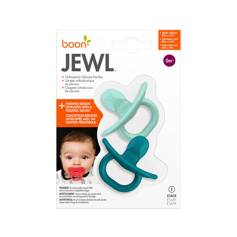 Boon JEWL Orthodontic Silicone Pacifier Stage 1 - 2 pack - Teal