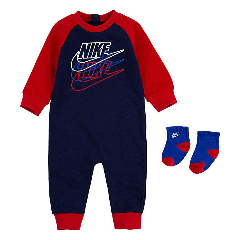Nike Futura Coverall With Socks - Navy With Red, Size 6 Months