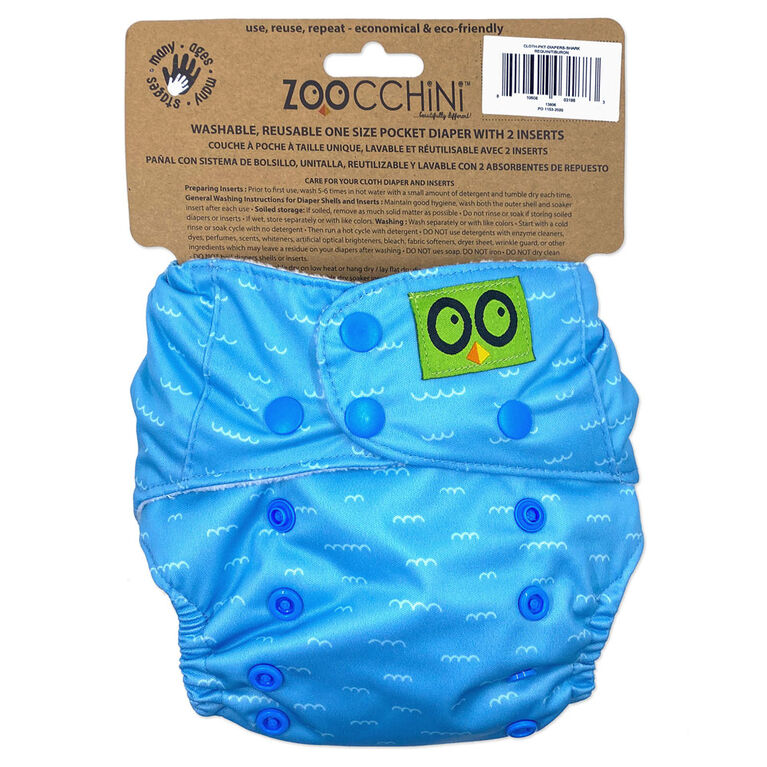 Zoocchini - Cloth Diaper & 2 Inserts - Shark - One Size - 7-35 lbs