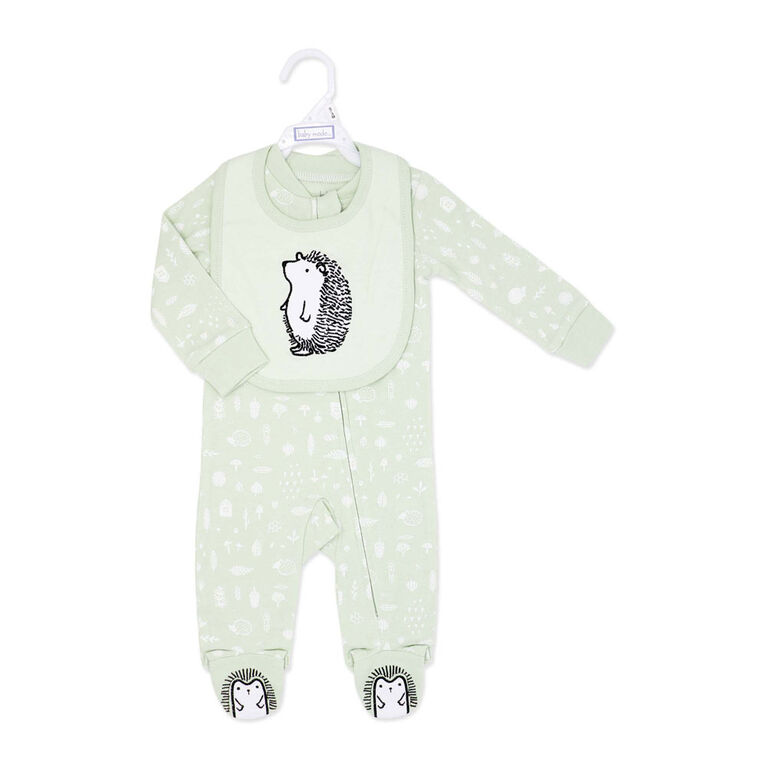 Baby Mode Ensemble pyjama 2 pièces avec bavoir : Hérisson vert 0-3M