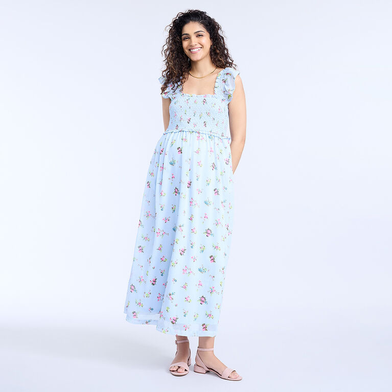 Motherhood Ruffle Sleeve Smocked Bodice Midi Dress