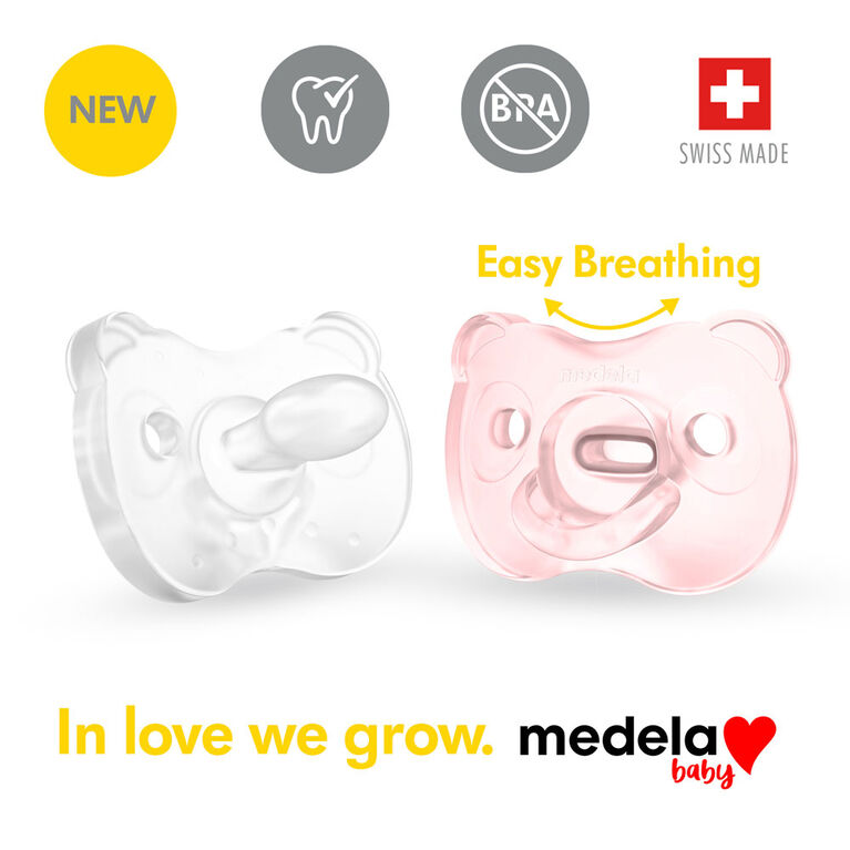 La nouvelle Sucette une pièce SILICONE SOUPLE Medela Baby est conçue pour soutenir la succion naturelle de bébé, sans BPA, légère et orthodontique. 0-6 mo Fille