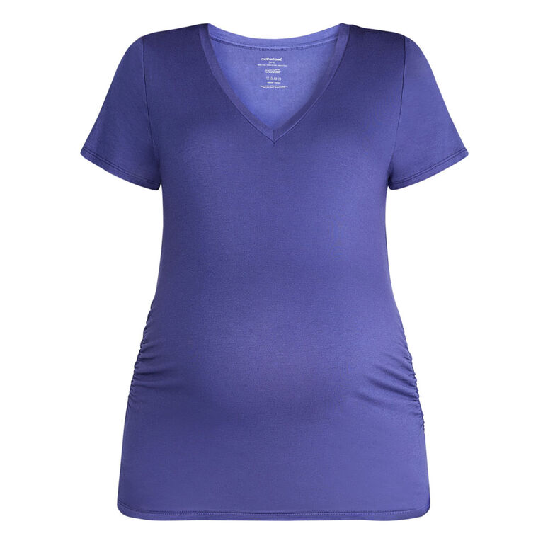 Motherhood Short Sleeve Side Ruched V-Neck Tee-Blue-L