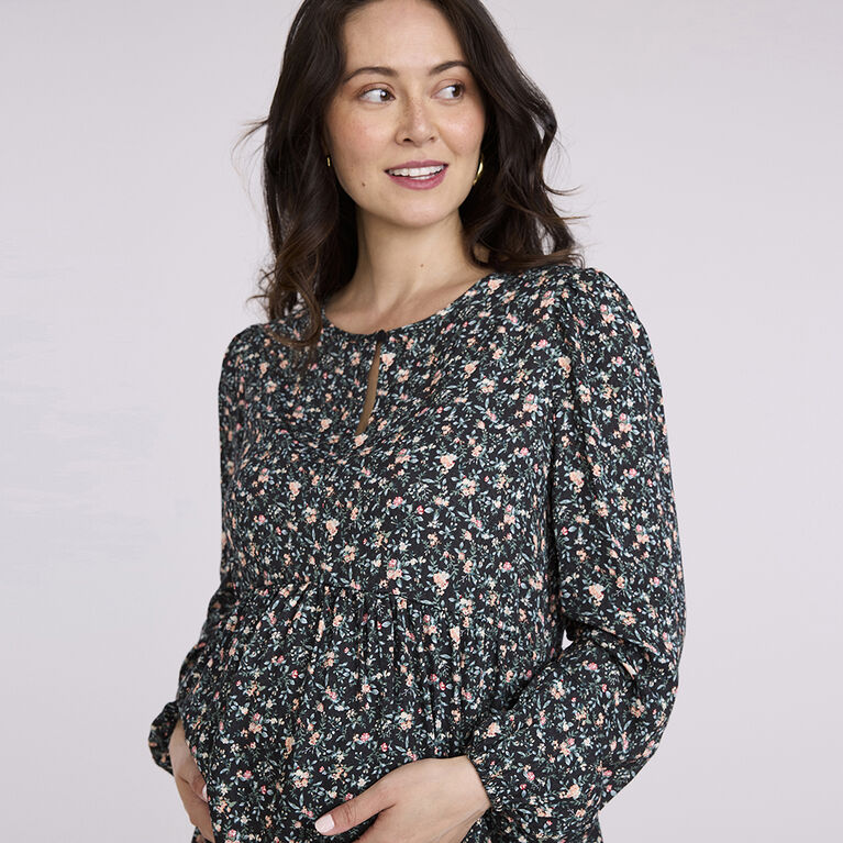 Motherhood - Long Sleeve Keyhole Blouse - Black print - M