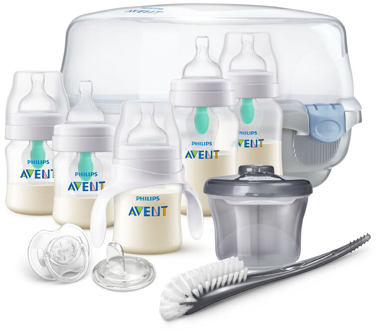 Ensemble-cadeau d'accessoires essentiels avec biberons anticoliques Philips Avent munis du système de ventilation AirFree.