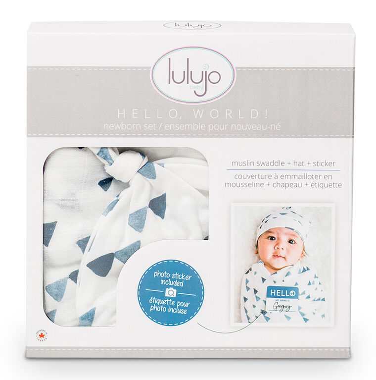 Lulujo Baby Hello World Newborn Bamboo Hat and Swaddle Blanket Set Navy Triangle