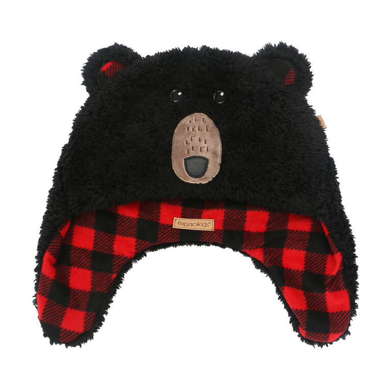 FlapJackKids - Baby, Toddler, Kids, Boys Reversible Sherpa Fleece Hat - Double Layered - Black Bear/Aviator - Small 6-24 months