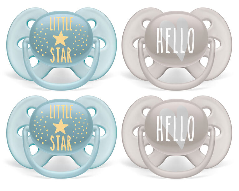 Philips Avent Ultra Soft Pacifier 6-18 months, Little Star and Hello Designs, 4 pack