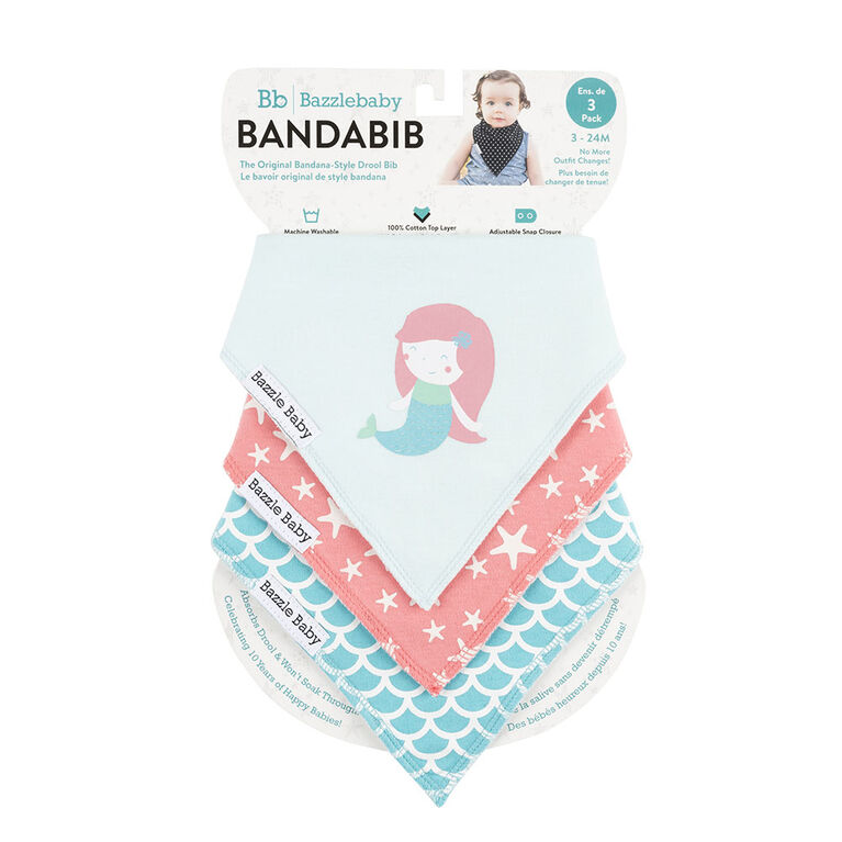 Bavoir Banda Bib, le bavoir bandana original, ensemble de 3 de Bazzle Baby - Mermaid