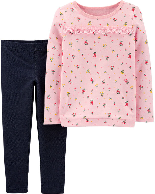 Carter’s 2-Piece Floral Top & Knit Denim Legging Set - Pink/Blue, 3 Months