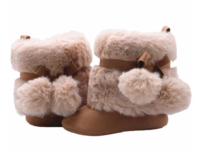 First Steps Chestnut Microsuede Pom Faux Fur Booties Size 1, 0-3 months