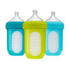 Paquet de 3 biberons avec poche en silicone de Boon Nursh 236 ml - bleu et vert.