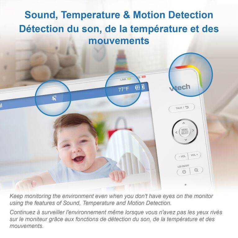 VTech RM5766HD, Moniteur de bébé vidéo intelligent 1080p avec accès à distance de 360 degrés à panoramique et inclinaison haute définition de 720p à écran de 5 po, vision nocturne (blanc)