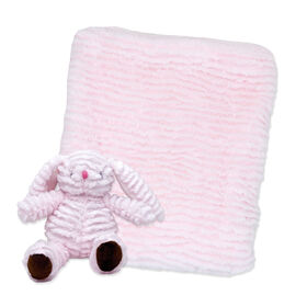 peluche striée signature mode bébé avec couverture : lapin rose
