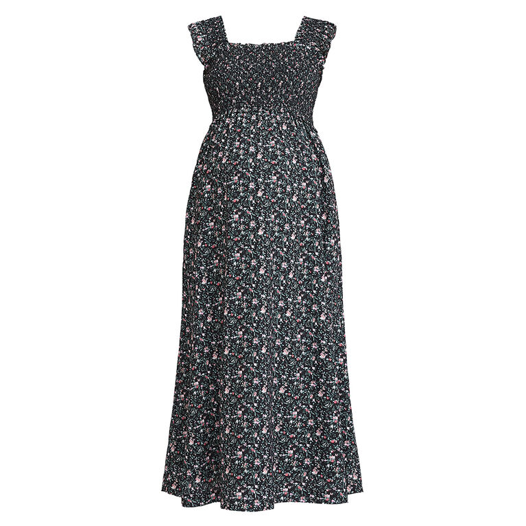 Motherhood-Robe Midi Smock&eacute;e Sans Manches-Imprim&eacute; Noir-P