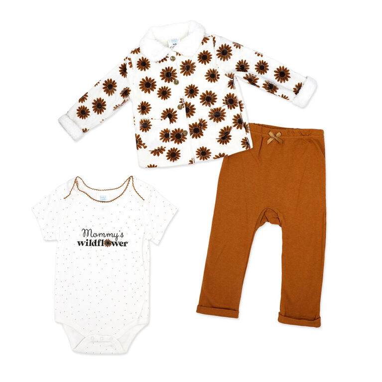 Baby Mode 3 Piece Cord Velour Jacket Set: Brown Wildflower 6-9M