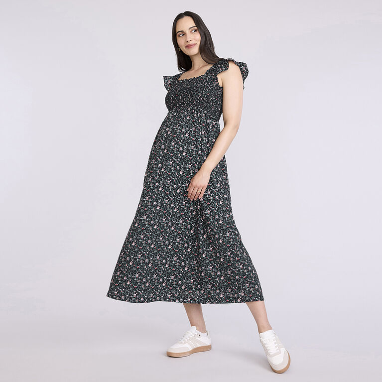 Motherhood-Robe Midi Smock&eacute;e Sans Manches-Imprim&eacute; Noir-G