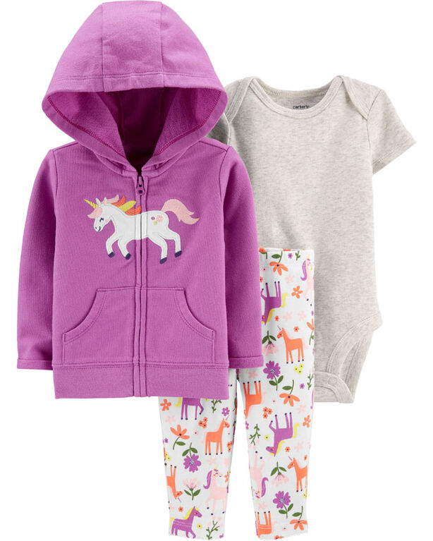 Ensemble 3 pièces cardigan à licorne Carter's – mauve, 6 mois