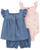 Carter's Three Piece Cherry Chambray Little Short Set Blue