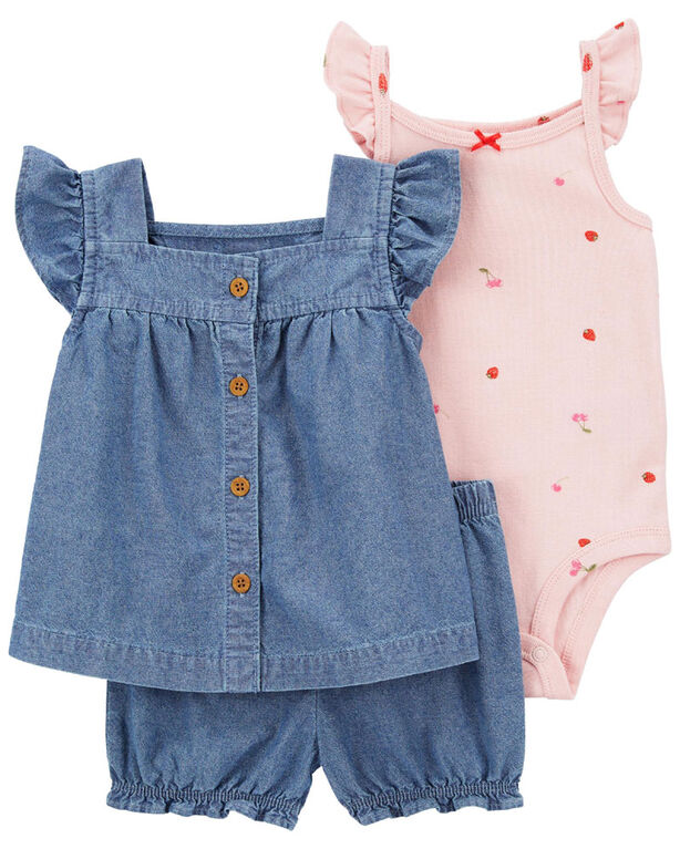 Carter's Three Piece Cherry Chambray Little Short Set Blue