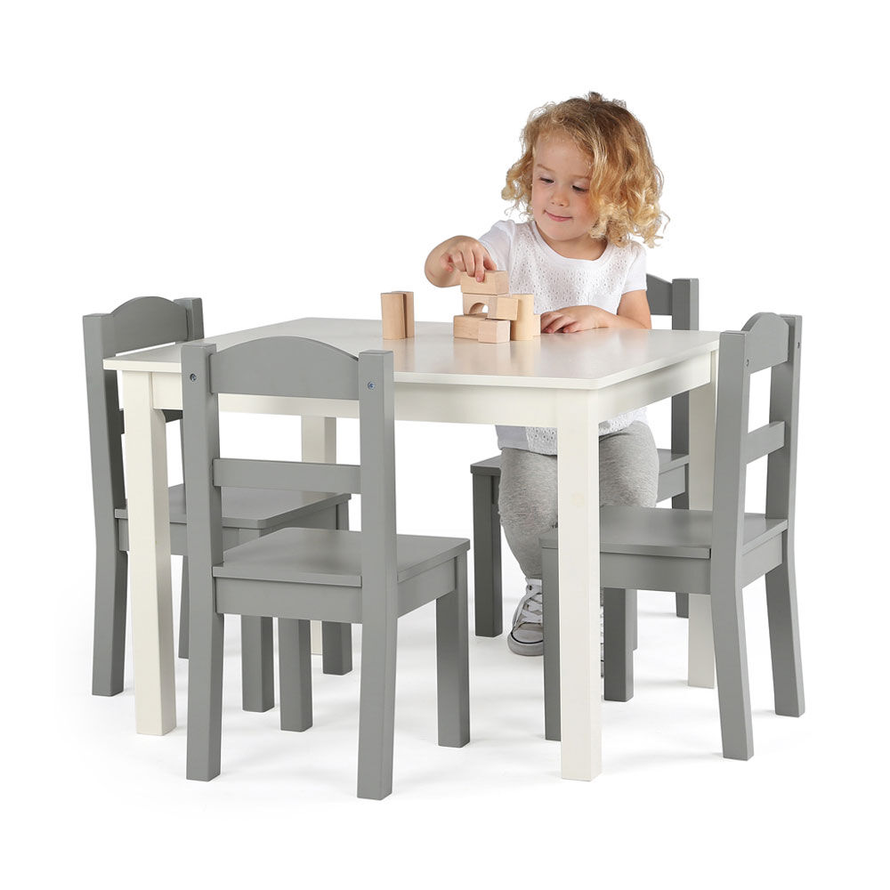 Kids Wood Table 4 Chairs White Grey