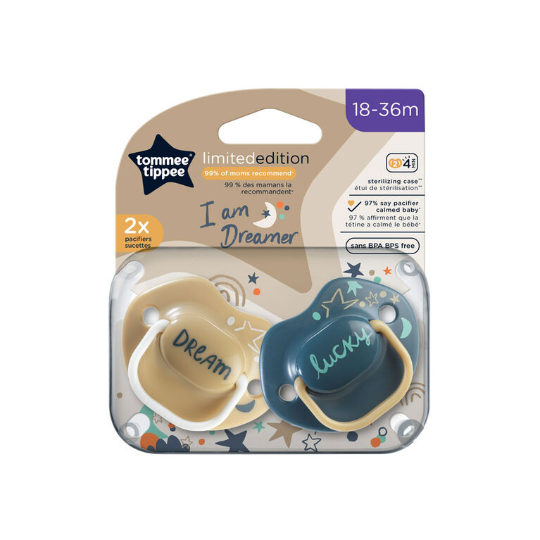 Sucettes de la gamme Moda de Tommee Tippee, avec boîte de stérilisation (18-36m, 2 pièces)