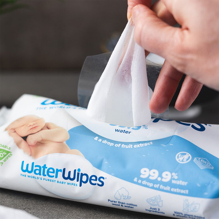 Lingettes pour bébés originales sans plastique WaterWipes, lingettes à base d’eau à 99,9 %, non parfumées, sans fragrance et hypoallergéniques pour les peaux sensibles, 60 unités (1 paquet), l’emballage peut varier