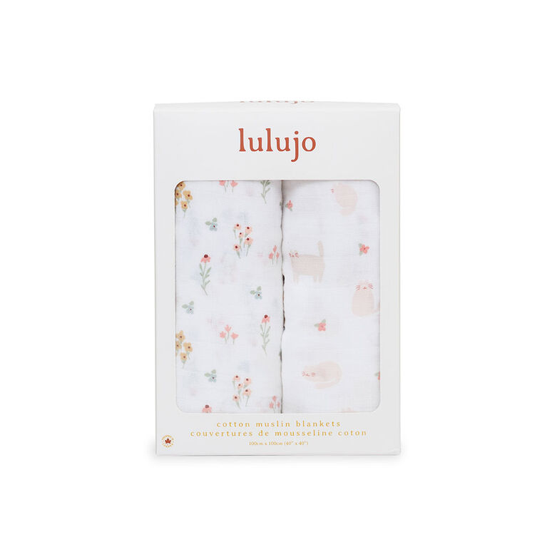 Lulujo - 2 Pack Cotton Muslin Swaddles - Kitty+Flower