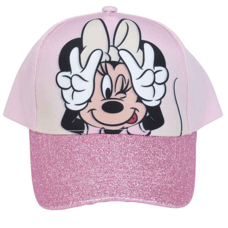 Disney Minnie Mouse Peace Sign With Glitter Brim Kids Baseball Cap Pink