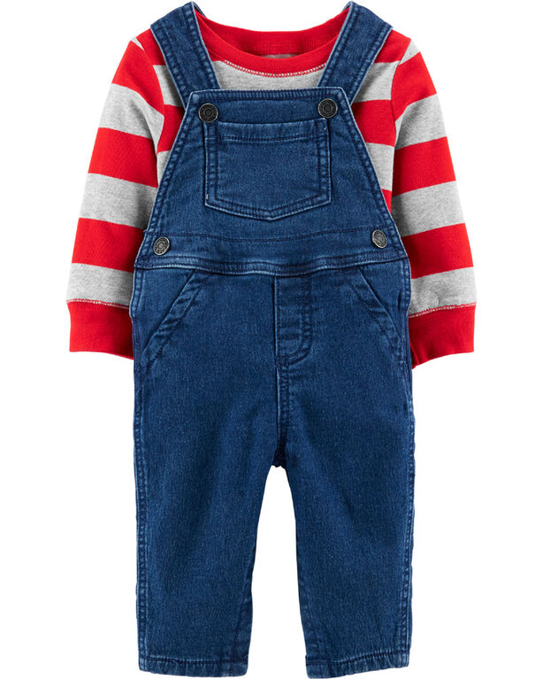 Carter's 2-Piece Striped Tee & Overall Set - Red/Grey/Blue, 18 Months