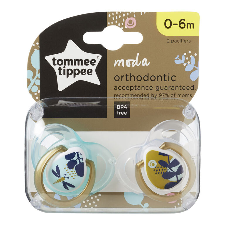 Tommee Tippee MODA Pacifier 2-Pack, 0-6 Months - Aqua and Clear