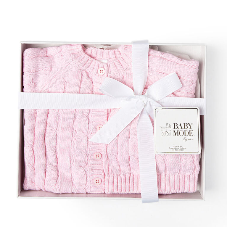 Baby Mode Signature Two Piece Cardigan and Hat Set Pink: 0-6M