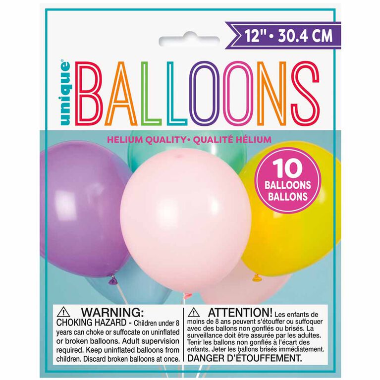 12" Latex Balloons, 10 pieces - Assorted Pastel