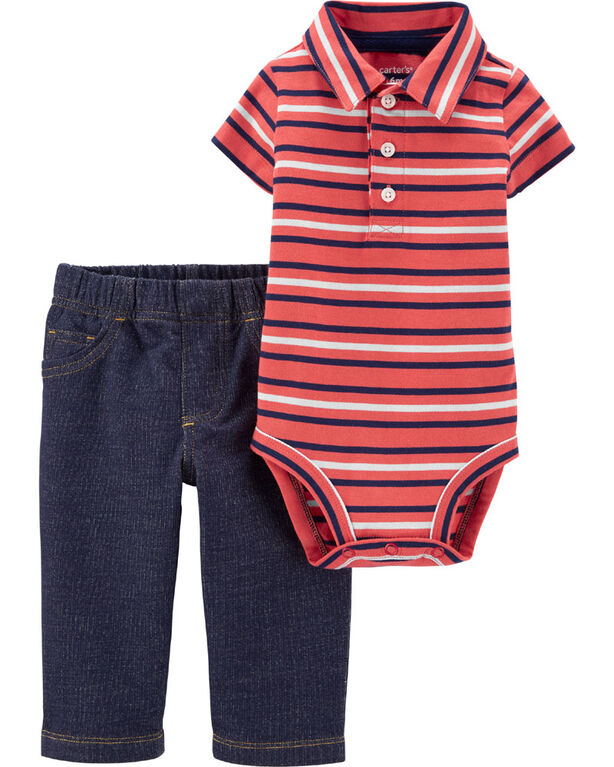 Carter's 2-Piece Striped Polo Bodysuit Pant Set - Coral/Blue, 24 Months