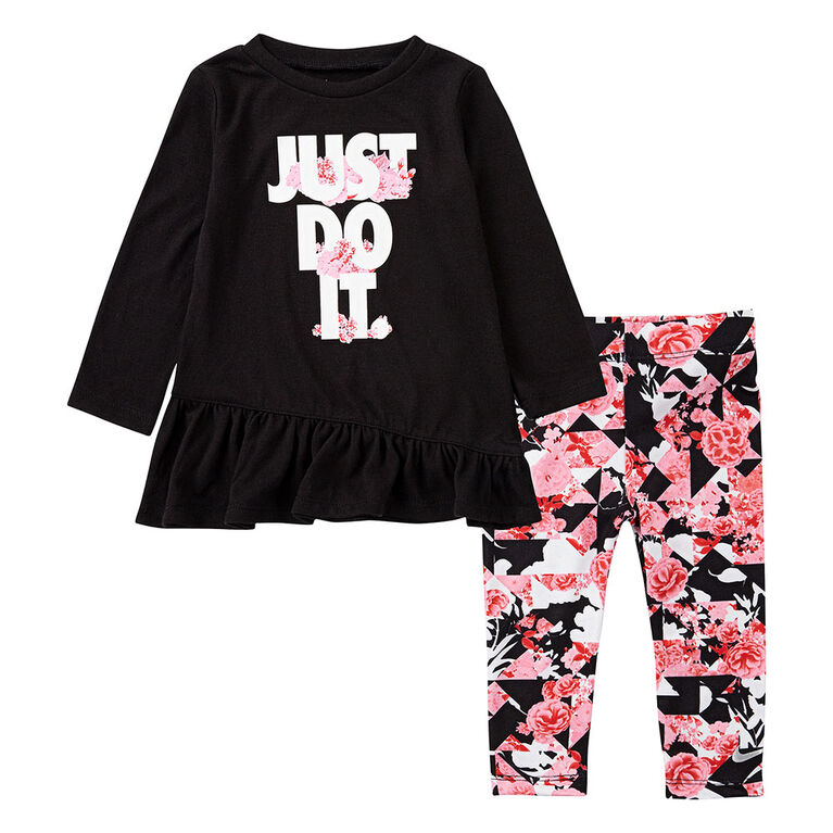 Nike Tokyo Floral Tunic & Legging Set Black With Pink, Size 2T