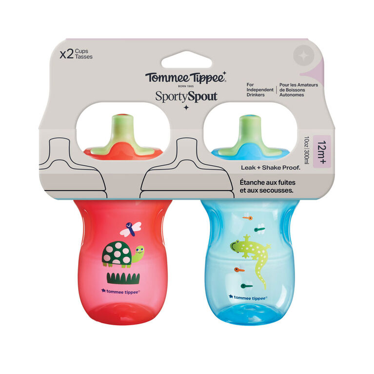 Tommee Tippee Sporty Spout Water Bottle, 10oz, Non-Spill Toddler Sippy Cups for 12 Months+ with Bite-Resistant Spout, Easy-Hold and BPA Free, Assorted Colors, 2 count