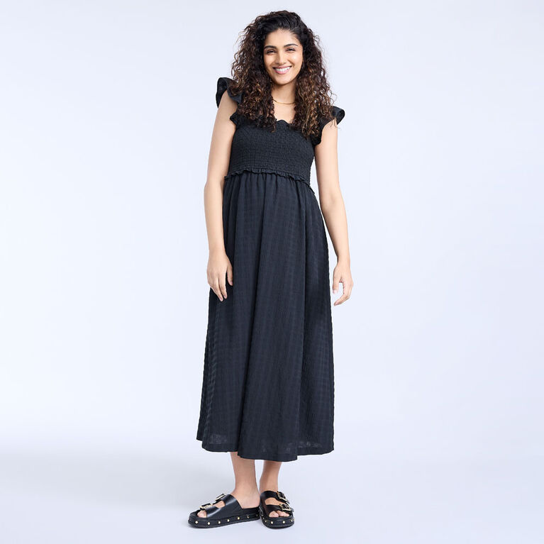 Motherhood Robe Midi Smockée À Manches À Volants-Noire-G