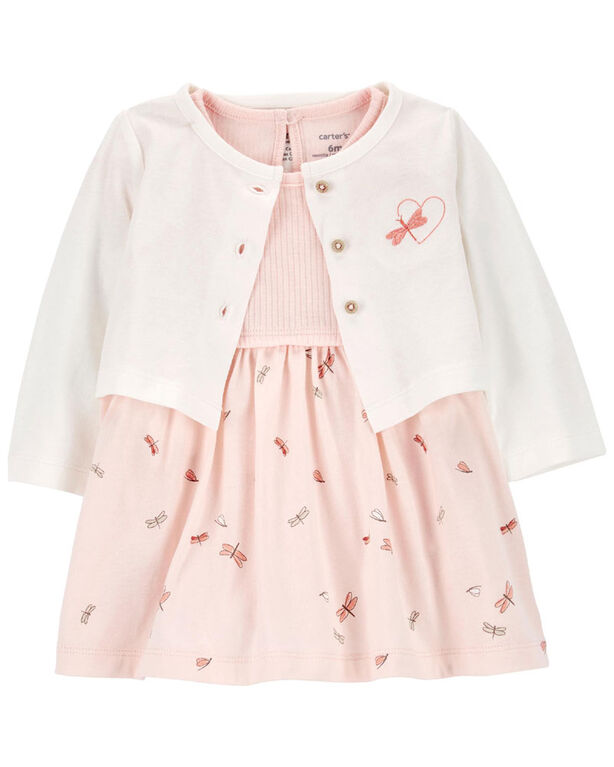 Carter's Two Piece Bodysuit Dress And Cardigan Set Pink  Newborn