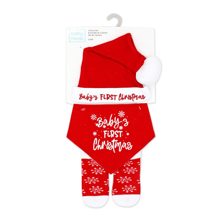 Baby Mode Baby's First Christmas Hat, Bib and Sock Set Red Snowflake