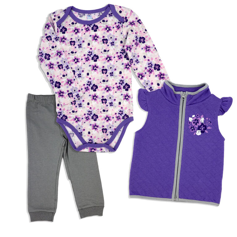 Baby Mode 3 Piece Vest Set: Purple Floral 6M