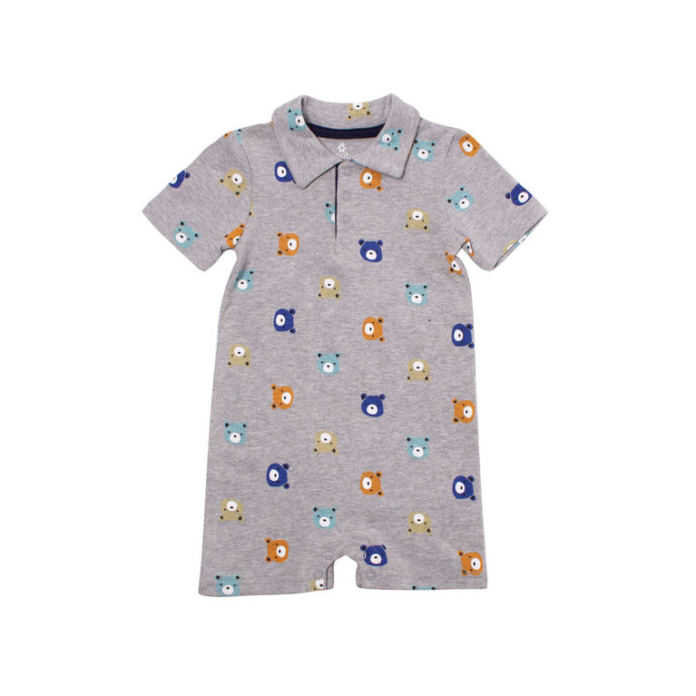 Snugabye Boys Polo Romper - Grey W Aop Bear 12 Months
