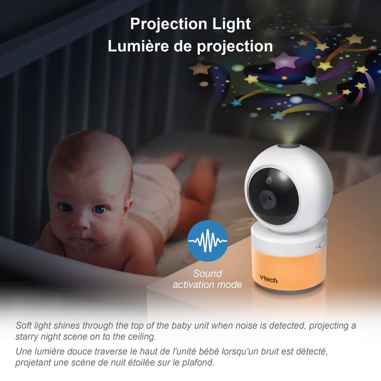 VTech VM5463 Moniteur vidéo numérique pour bébé de 5 po avec caméra panoramique et inclinable, lumière incandescente au plafond et veilleuse, (blanc)