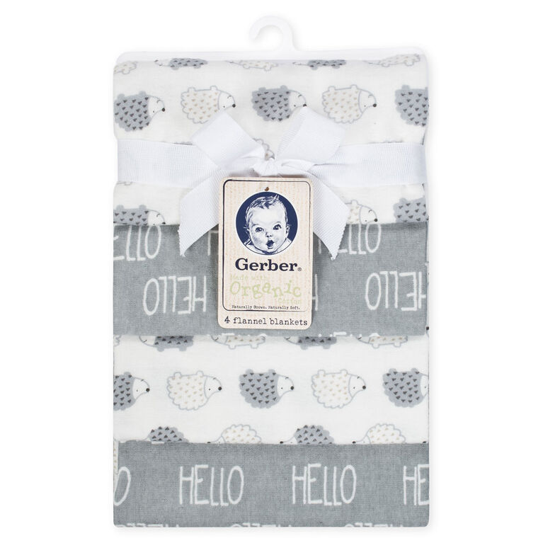 Gerber Organic 4-Pack Flannel Blankets, Hedgehog and Hello