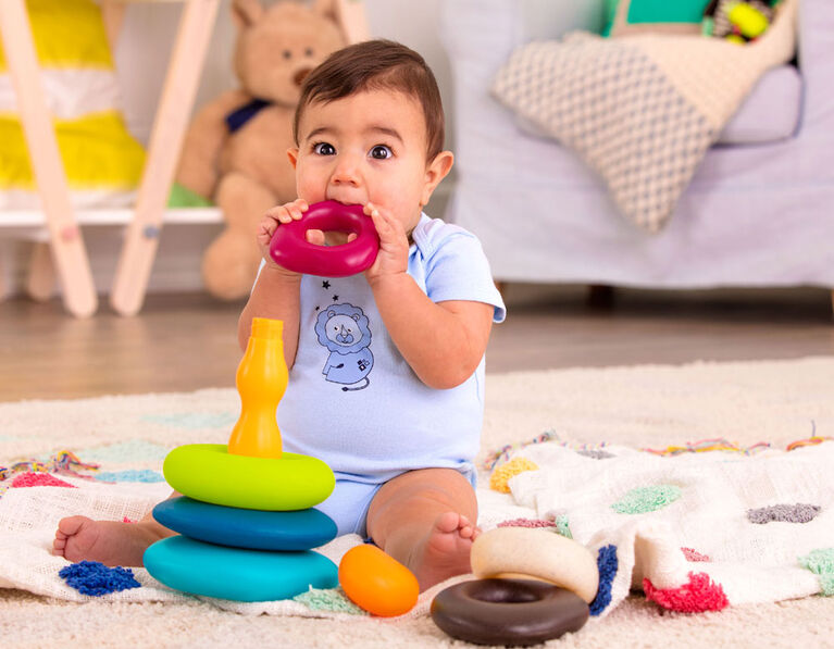 B. toys, Skipping Stones, Stacking Rings Toy